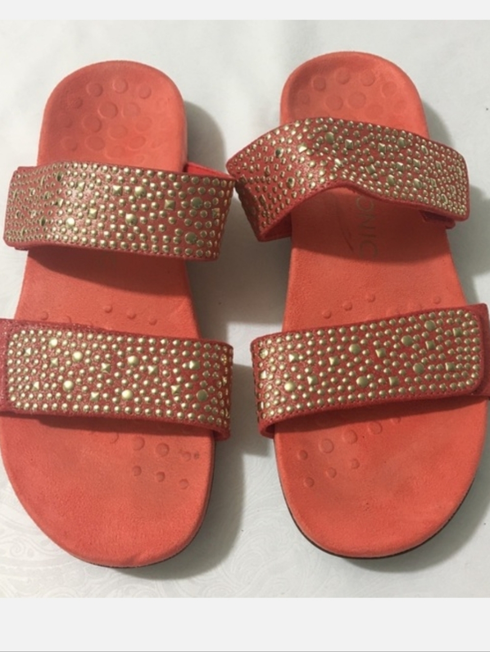 Embellished Coral Double-Strap Slide Sandals